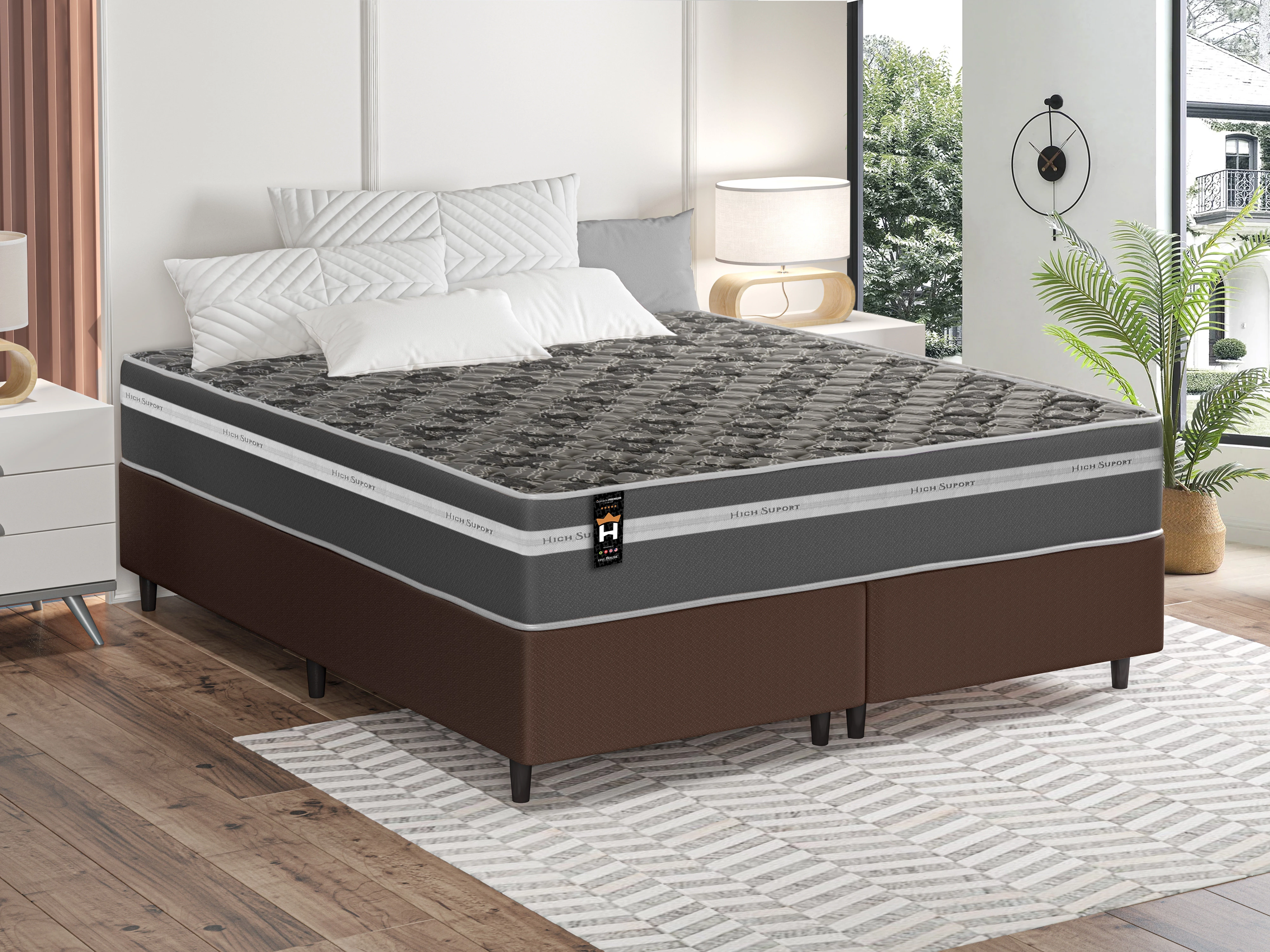 Conjunto Cama Box Espuma Miami Cinza Queen 158x198x62