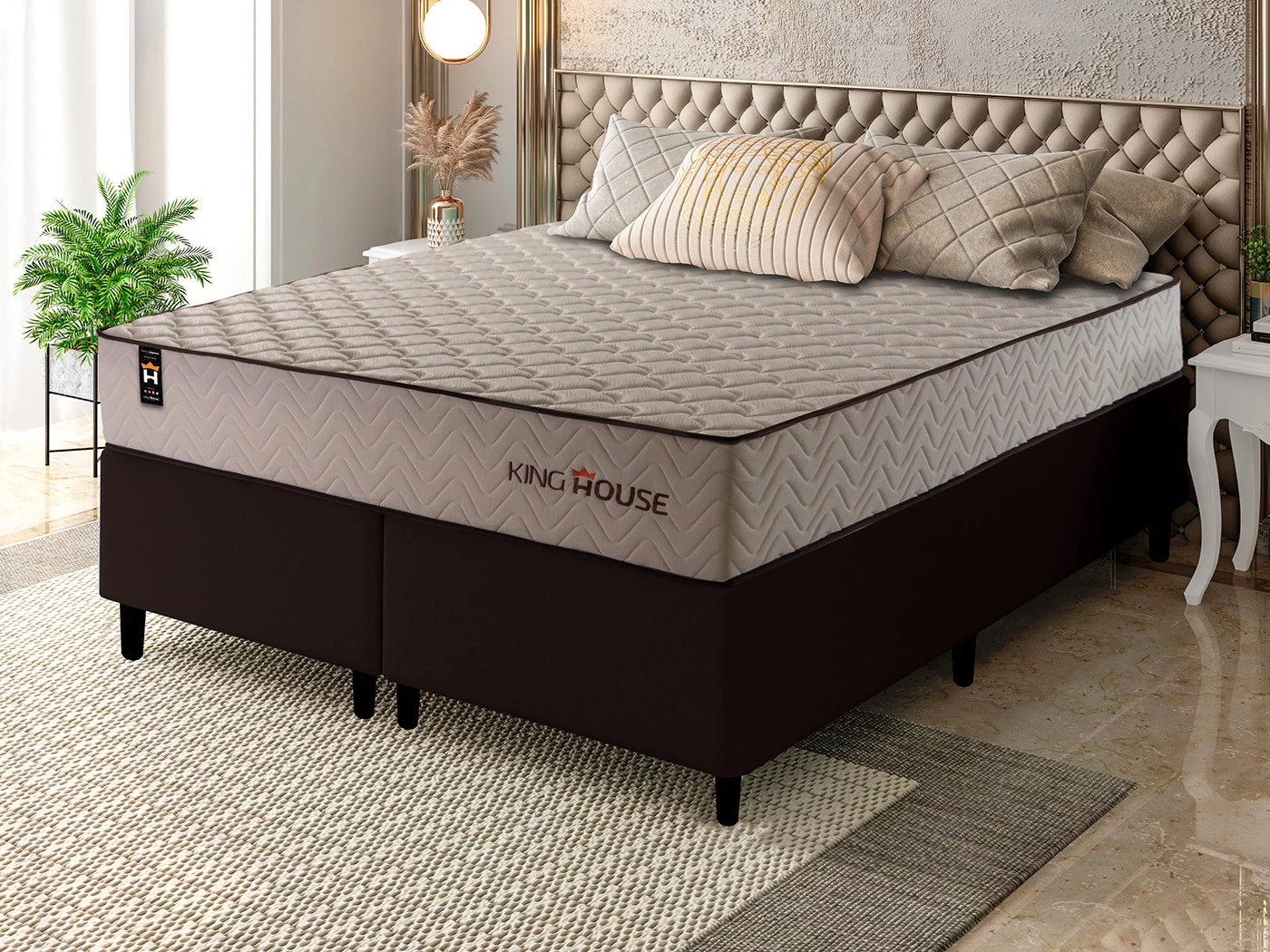 Conjunto Cama Box Espuma San Diego Bege King 193x203x67