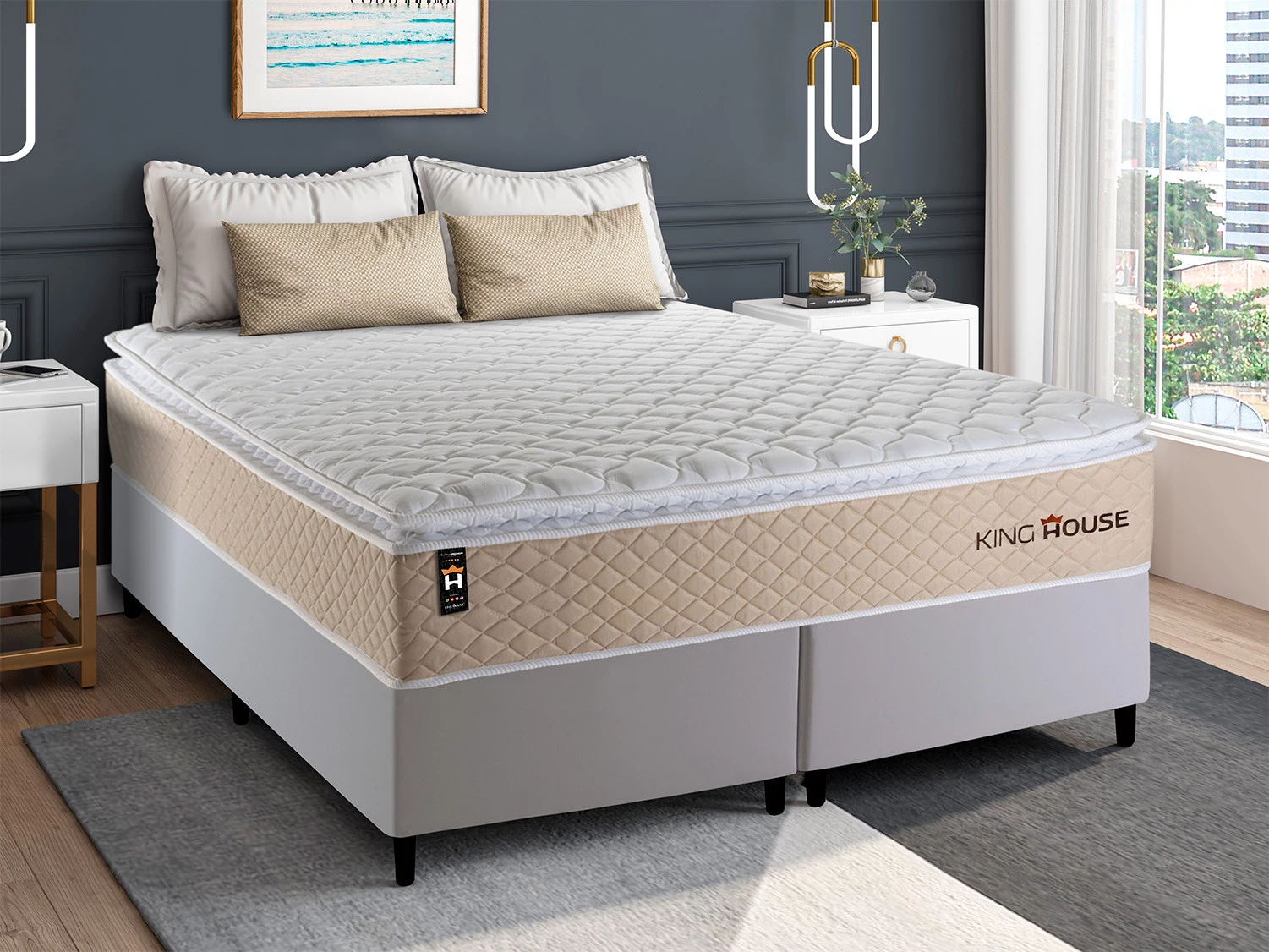 Conjunto Cama Box Molas Ensacadas Alford Bege King 193x203x66