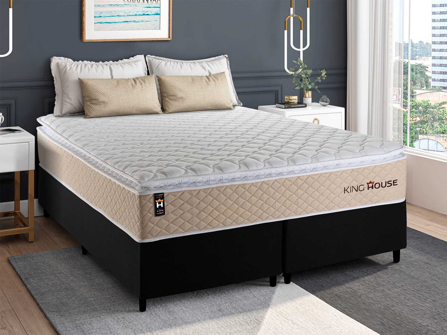 Conjunto Cama Box Molas Ensacadas Alford Bege Queen 158x198x66