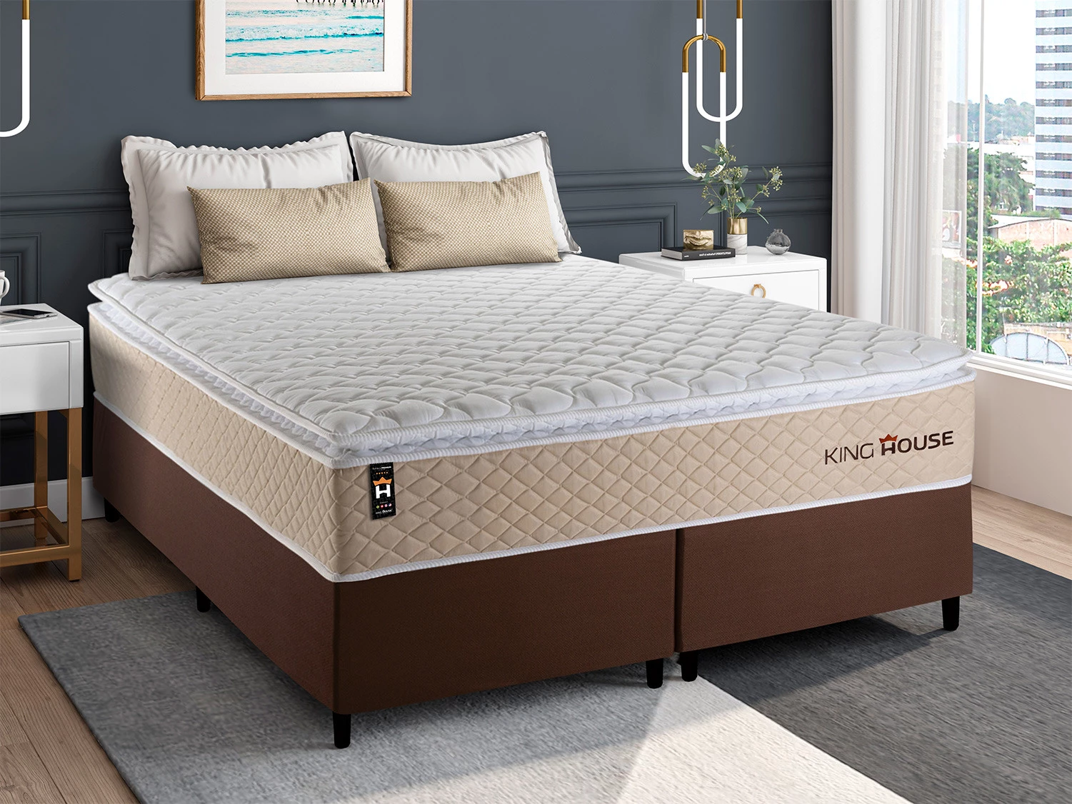 Conjunto Cama Box Queen com Molas Ensacadas Alford Bege