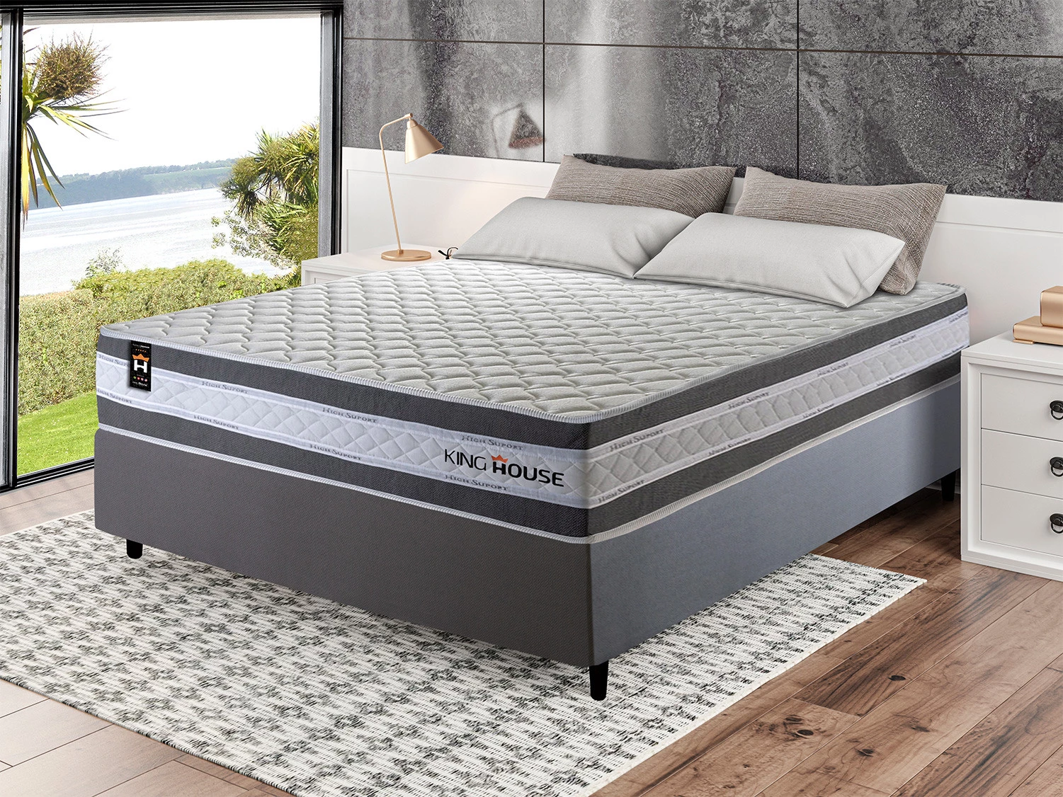 Conjunto Cama Box Molas Ensacadas Alpine Cinza Casal 138x188x65