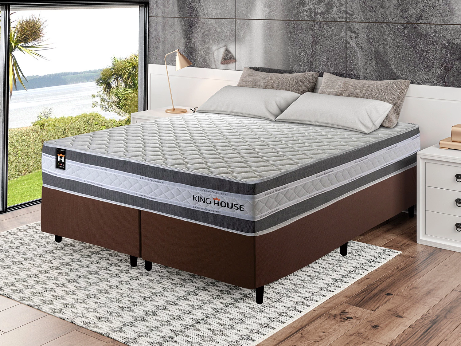 Conjunto Cama Box Molas Ensacadas Alpine Cinza King 193x203x65