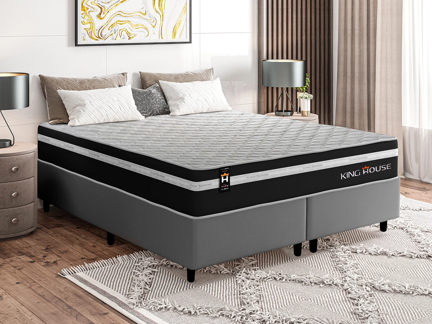 Conjunto Cama Box Molas Ensacadas Durham Preto King 193x203x60