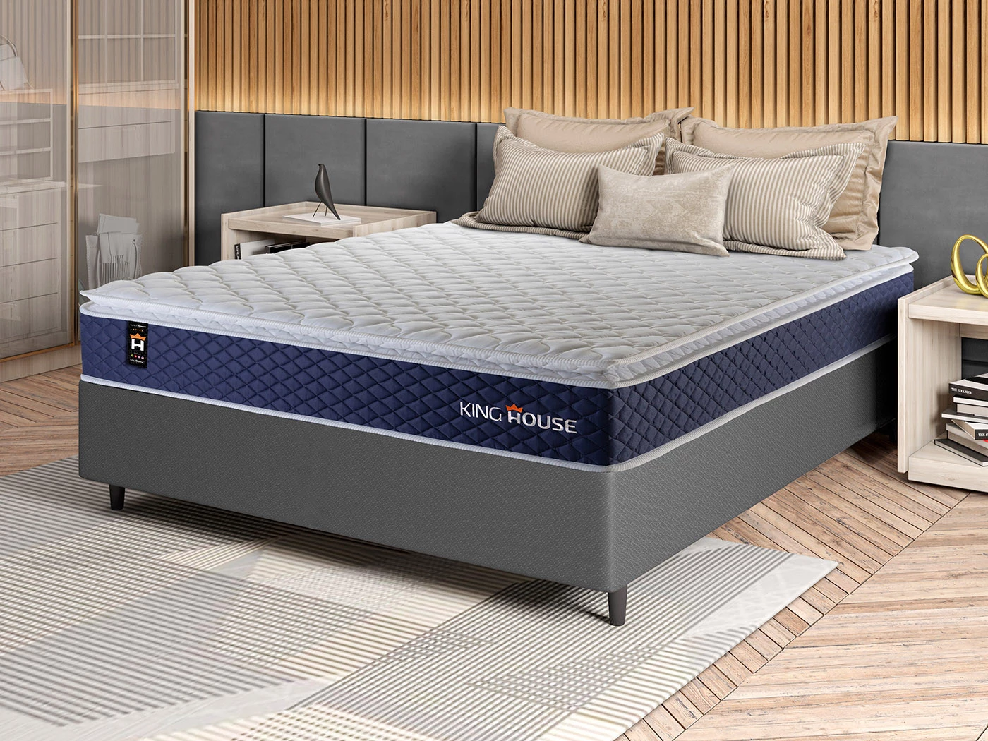 Conjunto Cama Box Molas Ensacadas Lagras Azul Casal 138x188x66