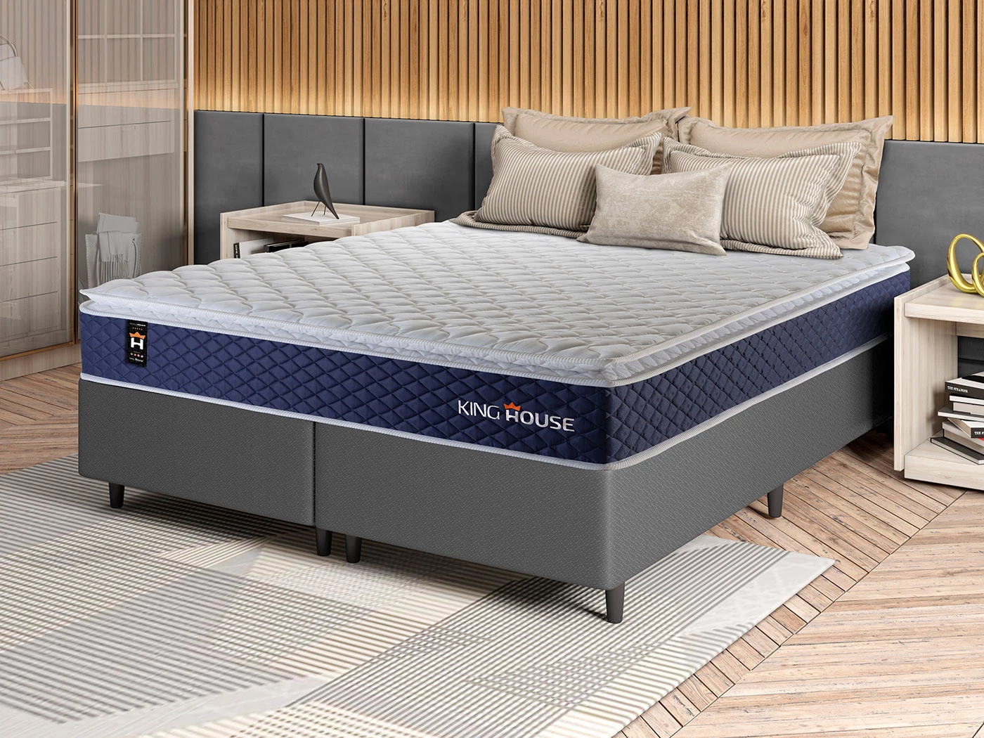 Conjunto Cama Box Molas Ensacadas Lagras Azul King 193x203x66