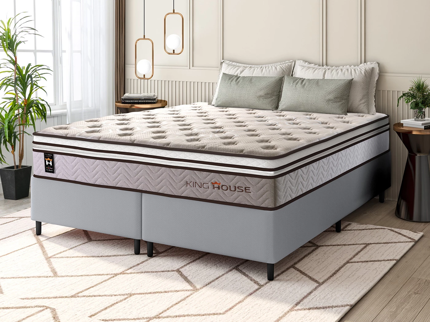Conjunto Cama Box Molas Ensacadas Liverpool Bege Queen 158x198x73