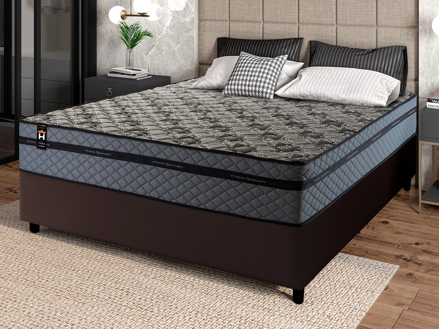 Conjunto Cama Box Molas Ensacadas Montreal Cinza Casal 138x188x64