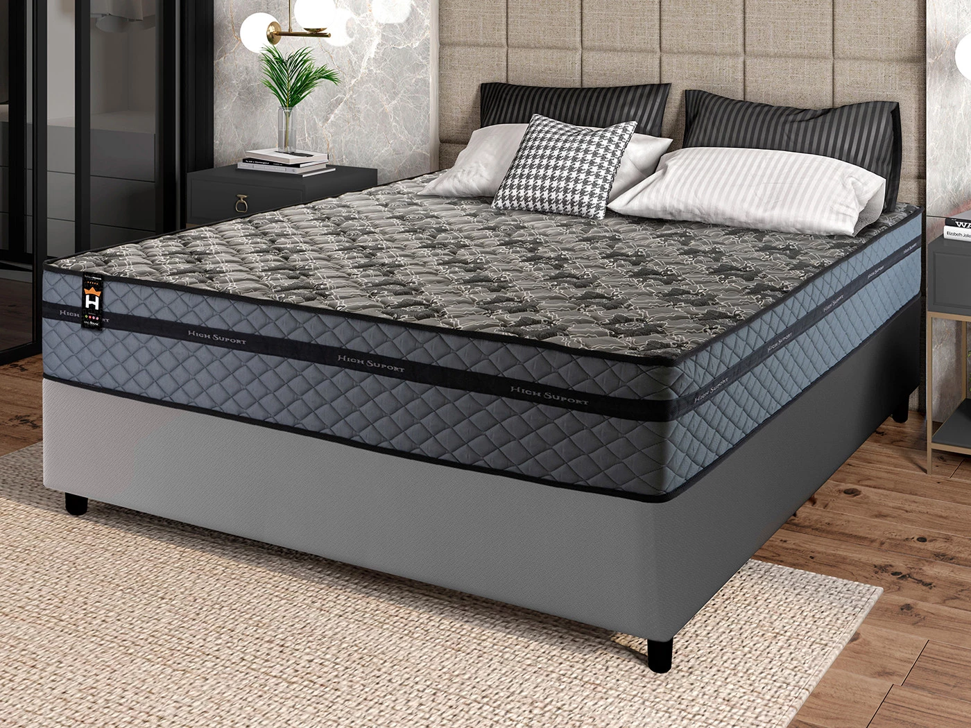 Conjunto Cama Box Molas Ensacadas Montreal Cinza Casal 138x188x64