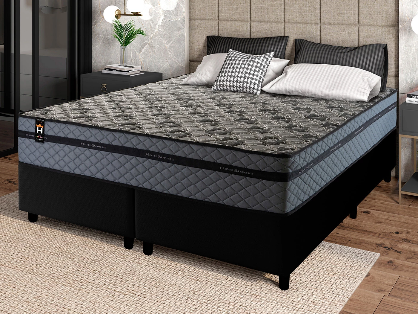 Conjunto Cama Box Molas Ensacadas Montreal Cinza Queen 158x198x64