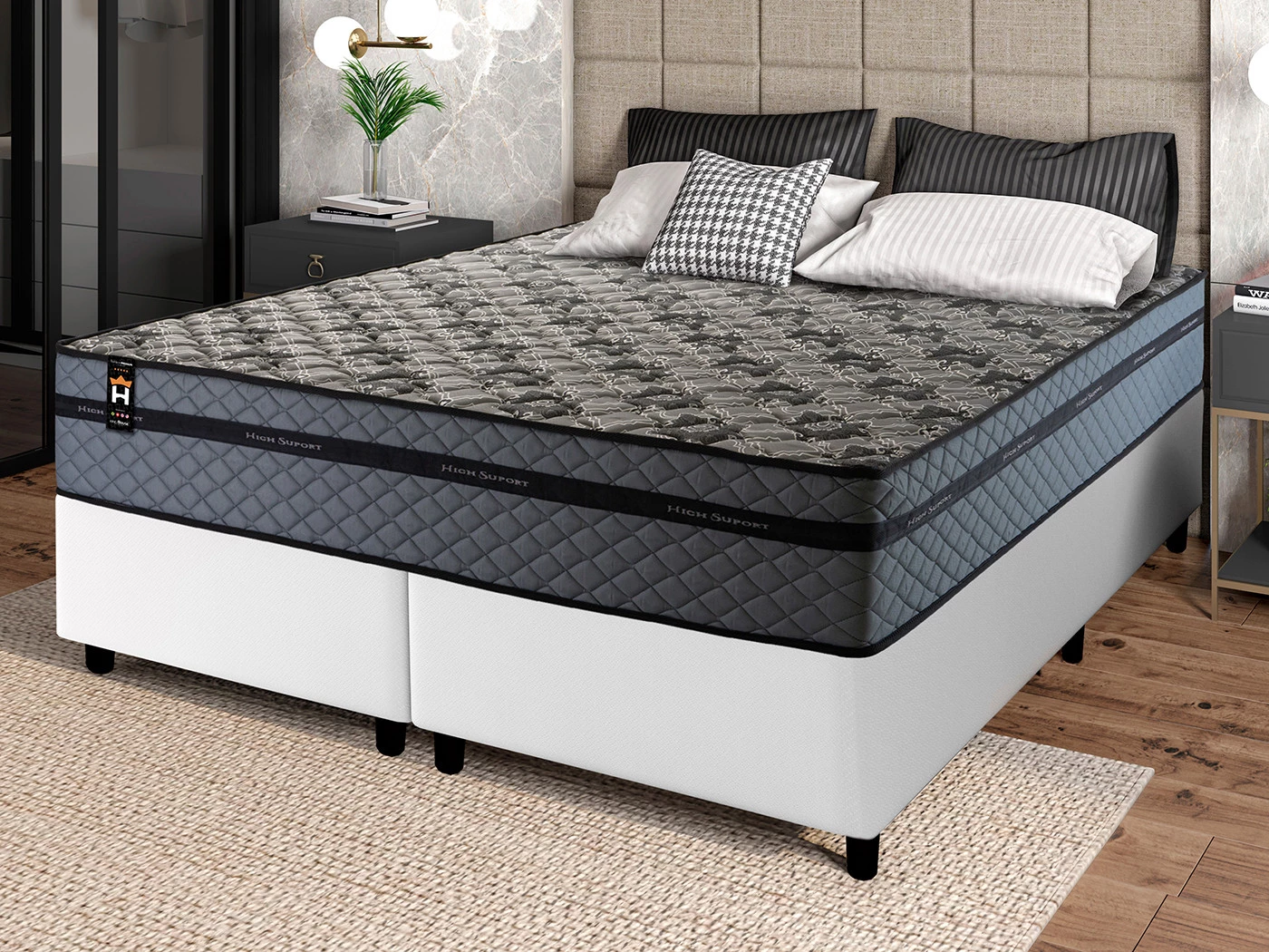 Conjunto Cama Box Molas Ensacadas Montreal Cinza Queen 158x198x64