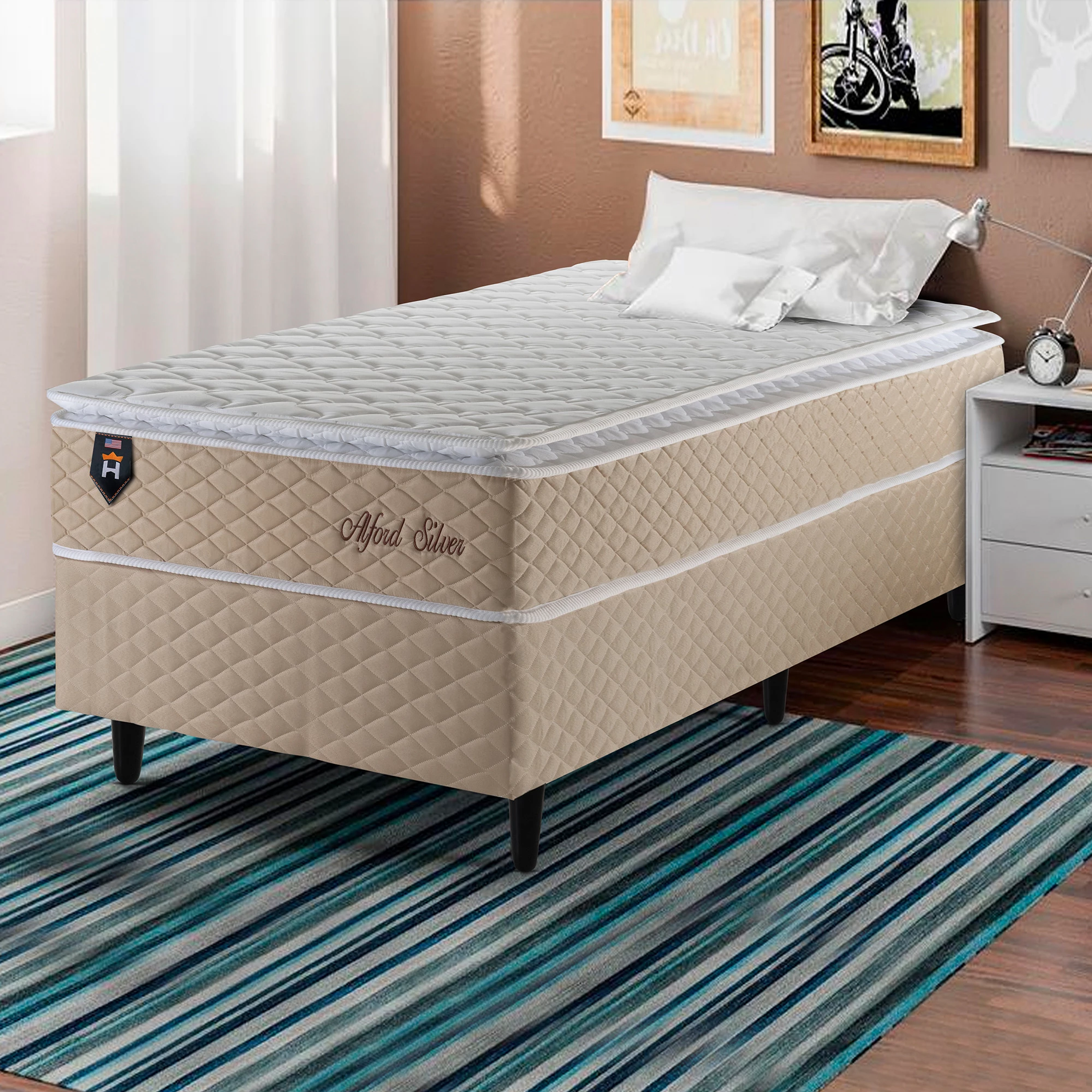 Conjunto Cama Box Solteiro Alford Bege com Molas Ensacadas