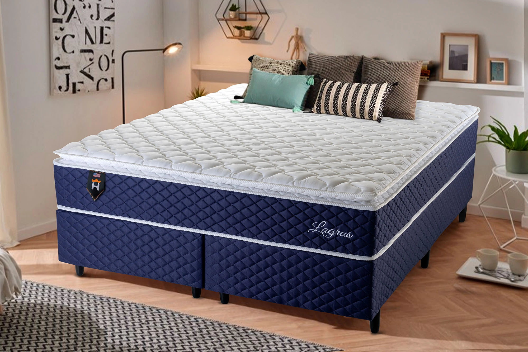 Conjunto Cama Box Queen Size com Molas Ensacadas Lagras Azul