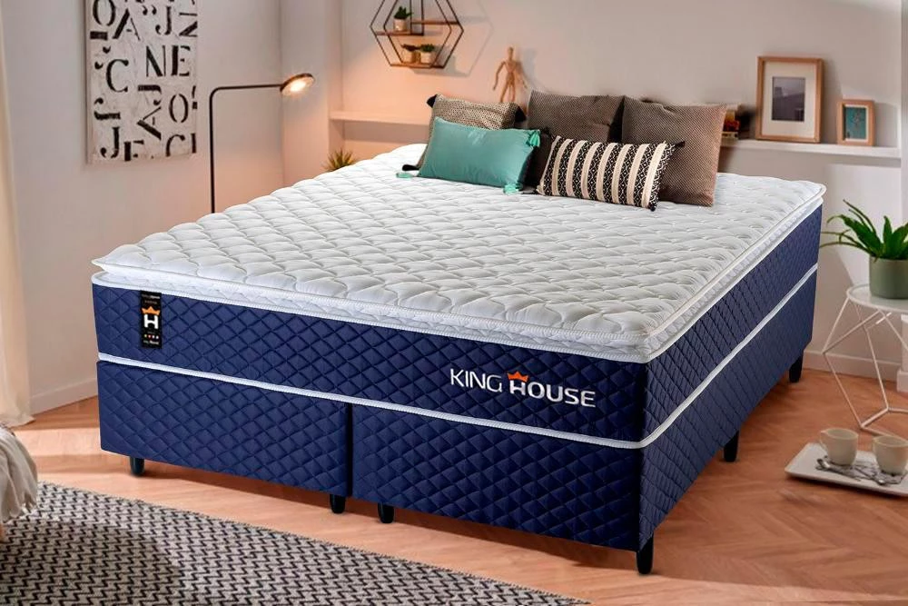 Conjunto Cama Box King Size Lagras Azul com Molas Ensacadas