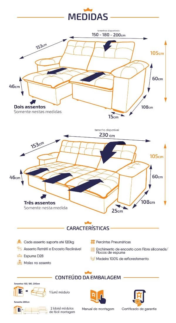 Sofá Retrátil Reclinável Verona Suede Velut Molas no Assento - King House