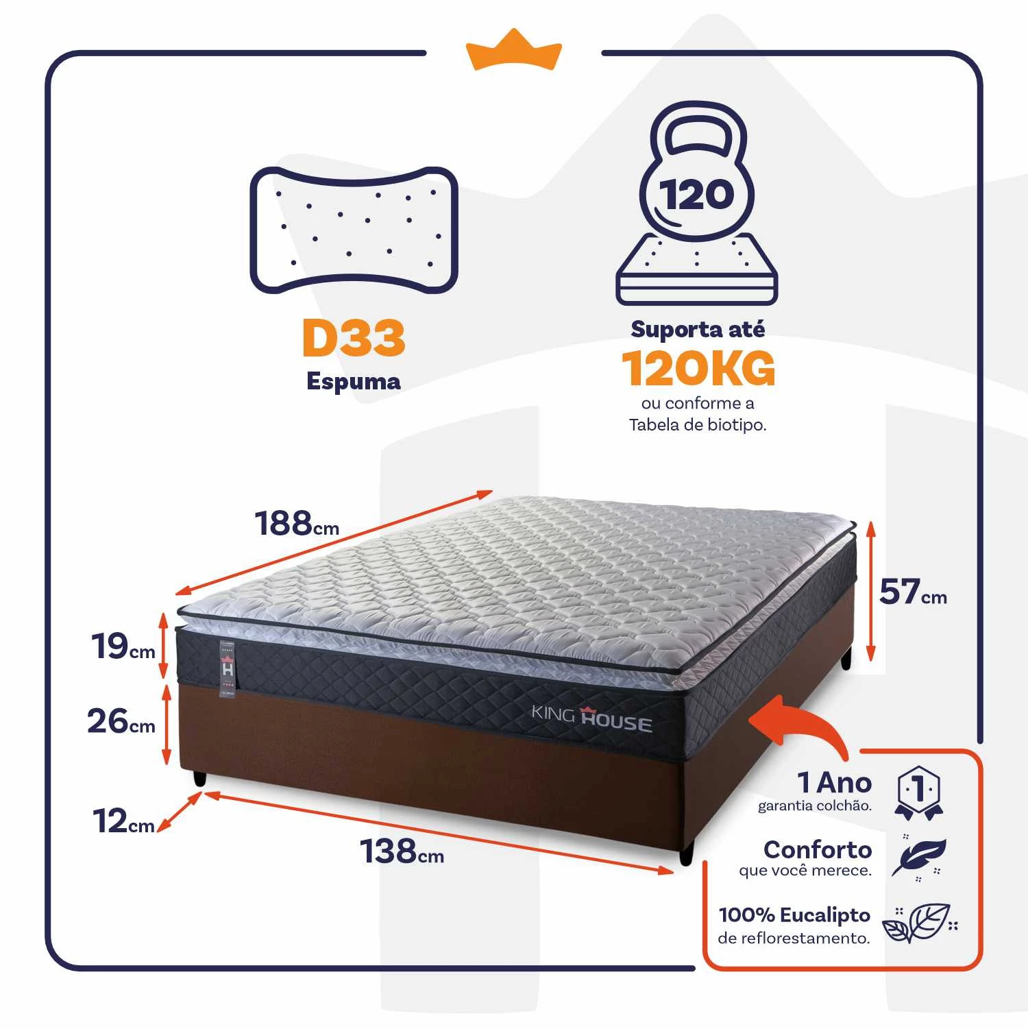 Conjunto Cama Box Casal Dakota Preto 138x188x57 Espuma D33