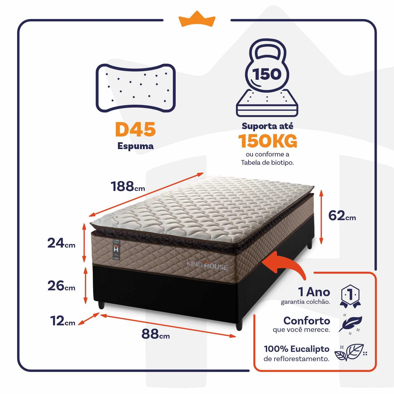 Conjunto Cama Box Espuma Atlanta Bege Solteiro 88x188x62