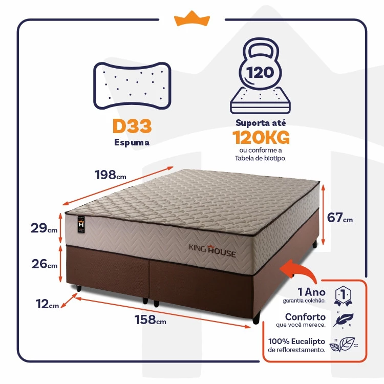 Conjunto Cama Box Espuma San Diego Bege Queen 158x198x67