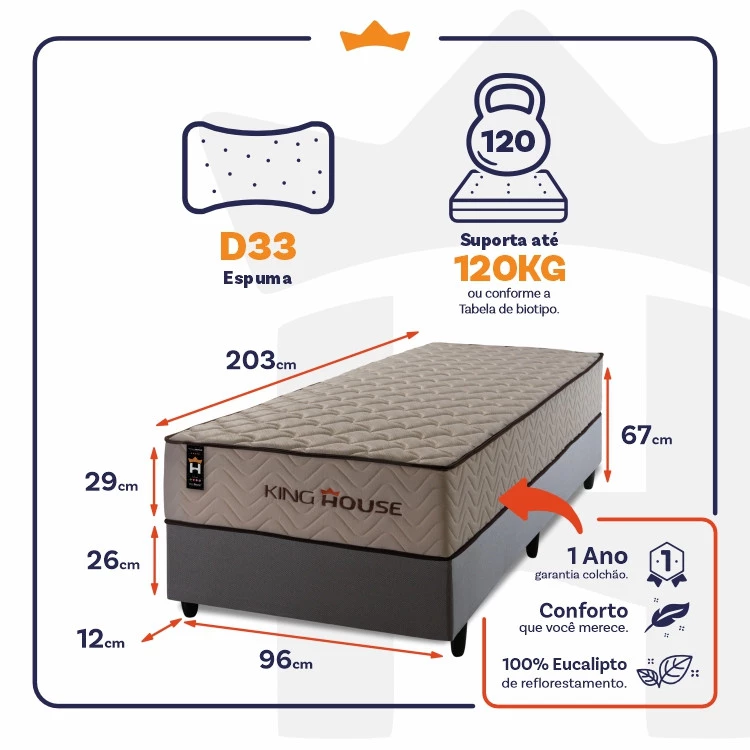 Conjunto Cama Box Espuma San Diego Bege Solteiro 96x203x67