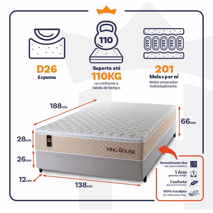 Conjunto Cama Box Molas Ensacadas Alford Bege Casal 138x188x66
