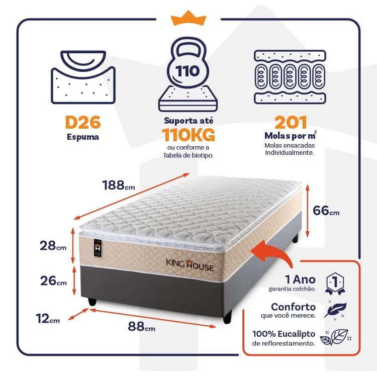 Conjunto Cama Box Molas Ensacadas Alford Bege Solteiro 88x188x66