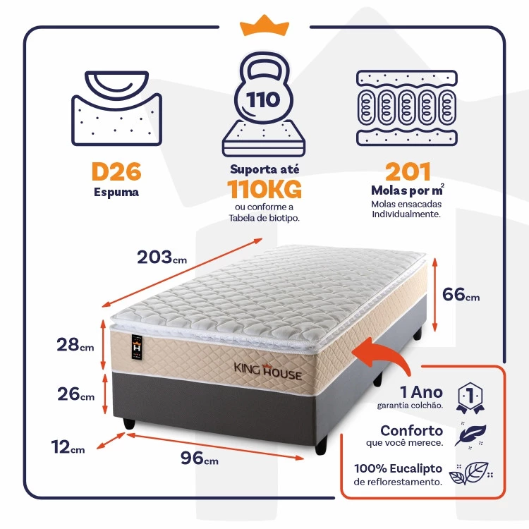 Conjunto Cama Box Molas Ensacadas Alford Bege Solteiro 96x203x66