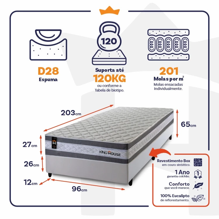 Conjunto Cama Box Molas Ensacadas Alpine Cinza Solteiro 96x203x65