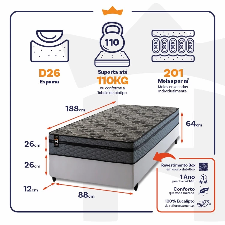 Conjunto Cama Box Molas Ensacadas Montreal Cinza Solteiro 88x188x64