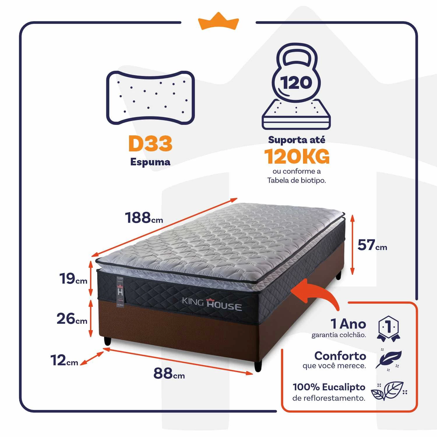 Conjunto Cama Box Solteiro Dakota Preto 88x188x57 Espuma D33