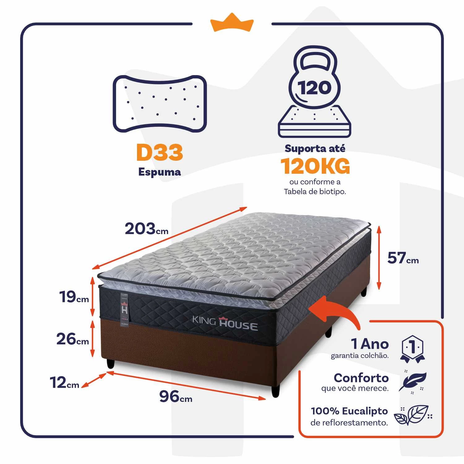 Conjunto Cama Box Solteiro Dakota Preto 96x203x57 Espuma D33