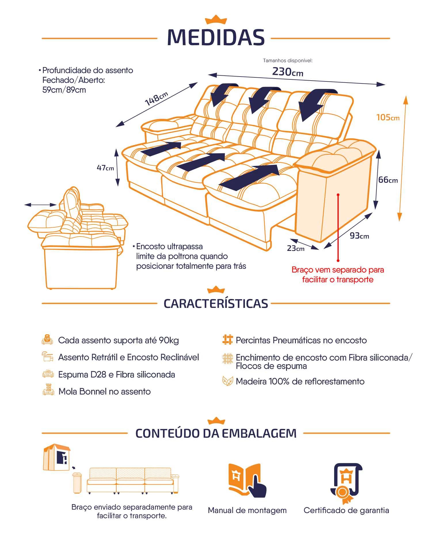 Sofá Retrátil Reclinável Atenas 2,30m Suede  Molas no Assento - King House