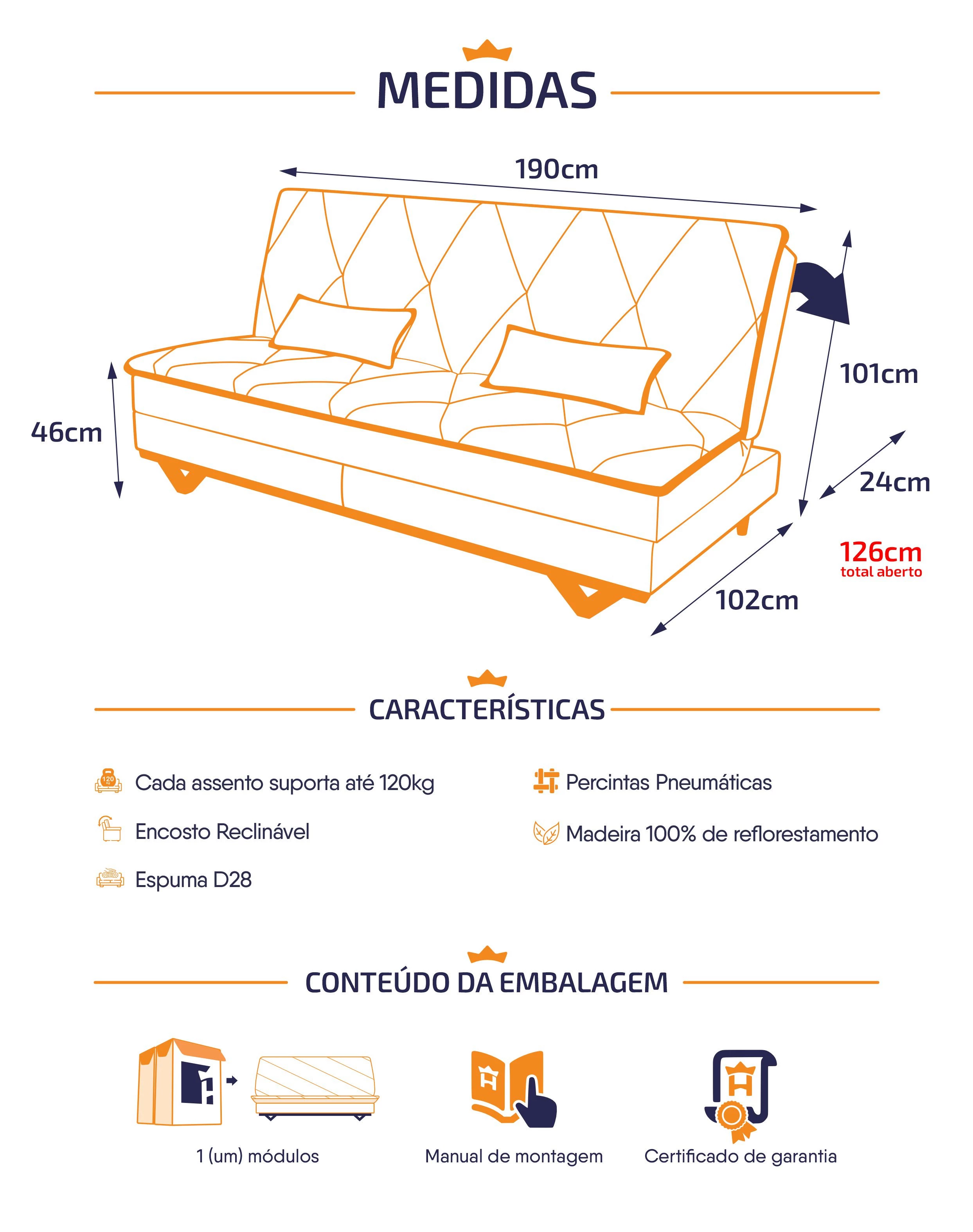 Sofá Cama Estoril 1,90m Suede Velut - King House