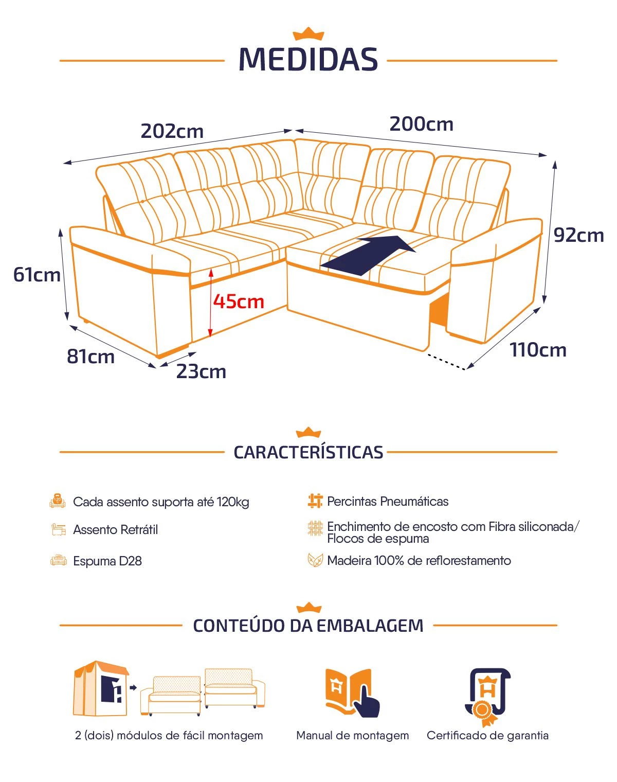 Sofá Canto Retrátil London Suede Velut - King House