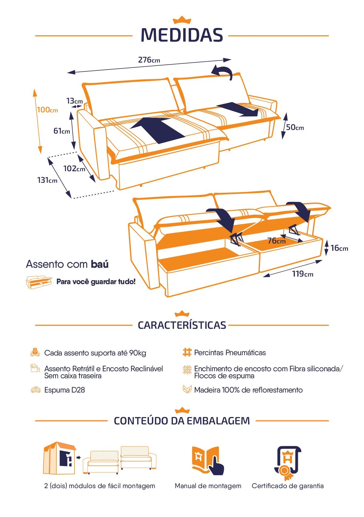 Sofá Cama Baú Retrátil Reclinável Ravello Sem Caixa Linho - King House
