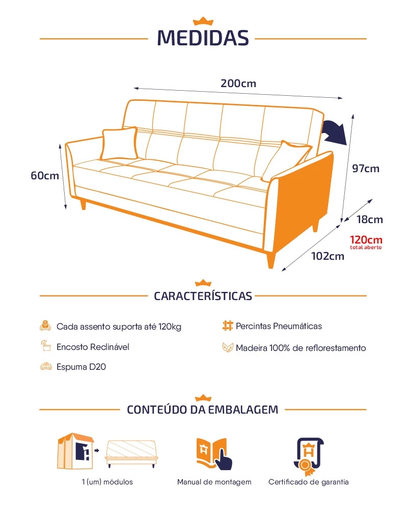Sofá Cama Sérvia 2,00m Linho Rústico - King House