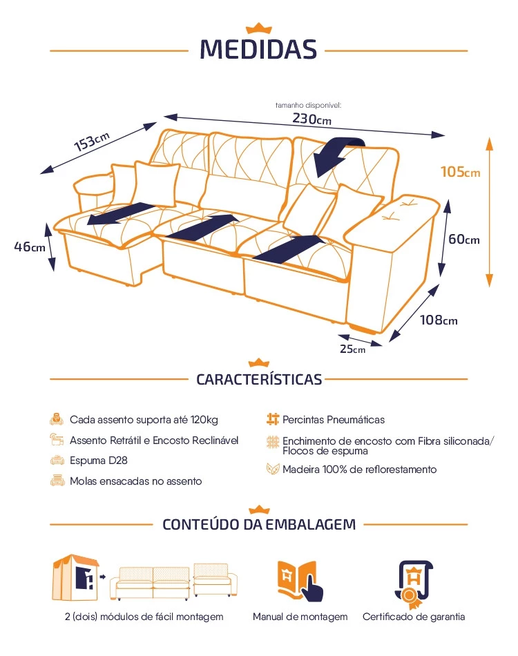 Sofá Retrátil Reclinável Trento 2,30m Suede Velut Molas no Assento - King House