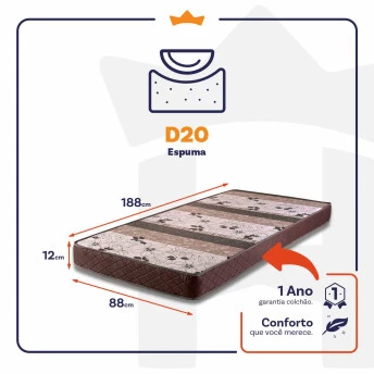 Colchão Solteiro Espuma D20 Cayene 88x188x12 Marrom