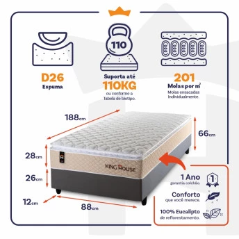 Conjunto Cama Box Molas Ensacadas Alford Bege Solteiro 88x188x66