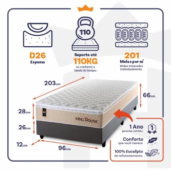 Conjunto Cama Box Molas Ensacadas Alford Bege Solteiro 96x203x66