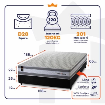 Conjunto Cama Box Molas Ensacadas Alpine Cinza Casal 138x188x65