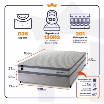 Conjunto Cama Box Molas Ensacadas Alpine Cinza Casal 138x188x65
