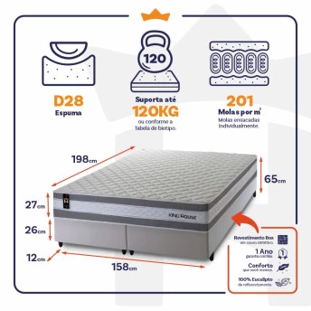 Conjunto Cama Box Molas Ensacadas Alpine Cinza Queen 158x198x65