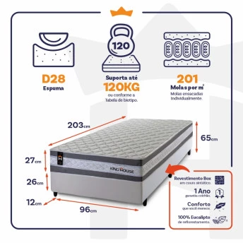 Conjunto Cama Box Molas Ensacadas Alpine Cinza Solteiro 96x203x65