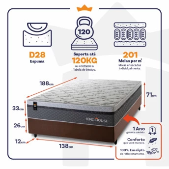 Conjunto Cama Box Molas Ensacadas Benton Cinza Casal 138x188x71