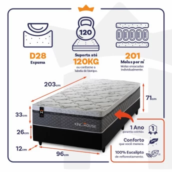 Conjunto Cama Box Molas Ensacadas Benton Cinza Solteiro 96x203x71