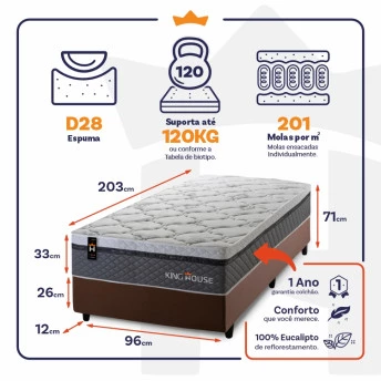 Conjunto Cama Box Molas Ensacadas Benton Cinza Solteiro 96x203x71