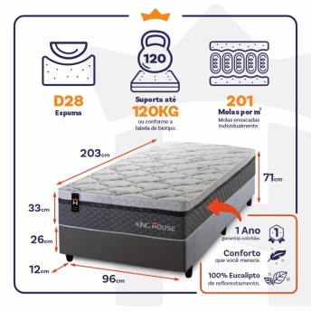 Conjunto Cama Box Molas Ensacadas Benton Cinza Solteiro 96x203x71