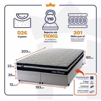 Conjunto Cama Box Molas Ensacadas Durham Preto King 193x203x60