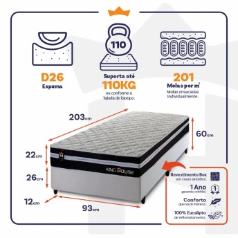 Conjunto Cama Box Molas Ensacadas Durham Preto Solteiro 96x203x60