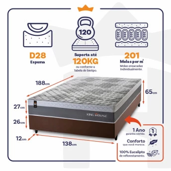 Conjunto Cama Box Molas Ensacadas Sheffield Cinza Casal 138x188x65